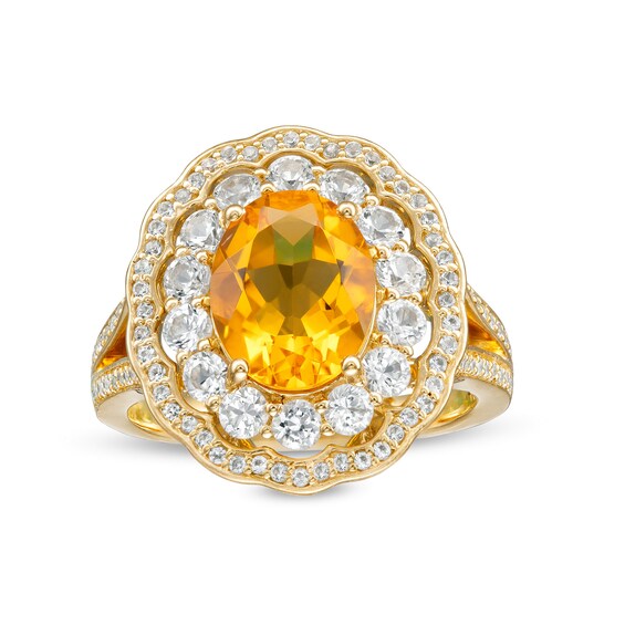 Lab-Created Citrine and White Lab-Created Sapphire Frame Cocktail Ring in Sterling Silver with 14K Gold Plate - Size 7