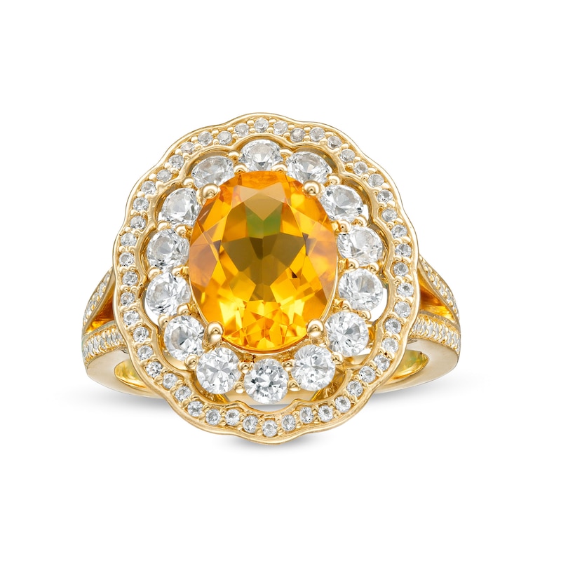Main Image 1 of Lab-Created Citrine and White Lab-Created Sapphire Frame Cocktail Ring in Sterling Silver with 14K Gold Plate - Size 7