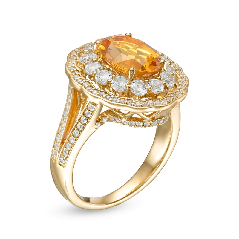 Main Image 3 of Lab-Created Citrine and White Lab-Created Sapphire Frame Cocktail Ring in Sterling Silver with 14K Gold Plate - Size 7