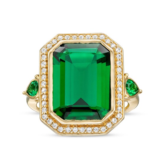 Lab-Created Emerald and White Lab-Created Sapphire Frame Cocktail Ring in Sterling Silver with 14K Gold Plate - Size 7 Lab-Created Emerald and White Lab-Created Sapphire Frame Cocktail Ring in Sterling Silver with 14K Gold Plate - Size 7