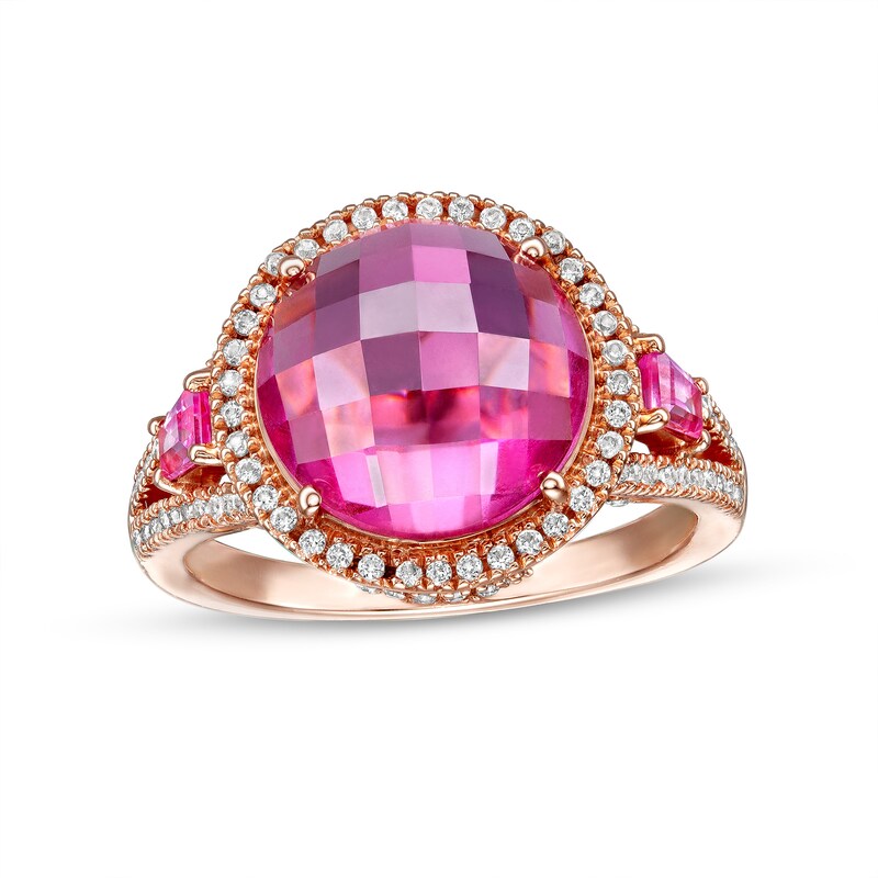 Main Image 1 of Pink and White Lab-Created Sapphire Frame Split Shank Cocktail Ring in Sterling Silver with 14K Rose Gold Plate