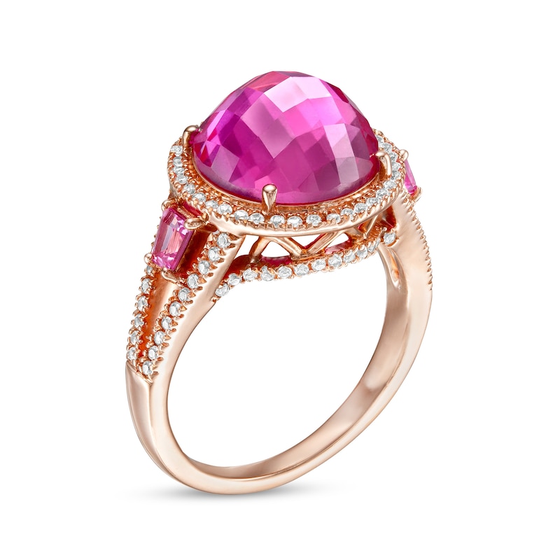 Main Image 3 of Pink and White Lab-Created Sapphire Frame Split Shank Cocktail Ring in Sterling Silver with 14K Rose Gold Plate