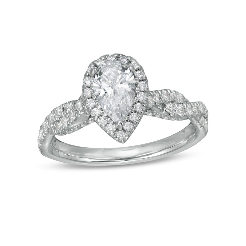 Main Image 1 of Zales Private Collection 1-1/3 CT. T.W. Certified Pear-Shaped Diamond Frame Engagement Ring in 14K White Gold (F/I1)