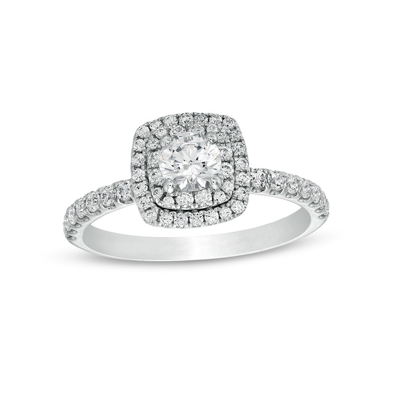 Main Image 1 of Celebration Ideal 1 CT. T.W. Certified Diamond Cushion-Shaped Frame Engagement Ring in 14K White Gold (I/I1)