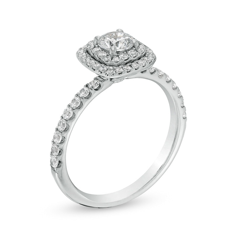 Main Image 3 of Celebration Ideal 1 CT. T.W. Certified Diamond Cushion-Shaped Frame Engagement Ring in 14K White Gold (I/I1)