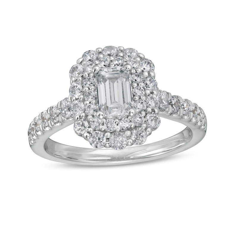 Main Image 1 of Love's Destiny by Zales 1-1/2 CT. T.W. Certified Emerald-Cut Diamond Frame Engagement Ring in 14K White Gold (I/SI2)