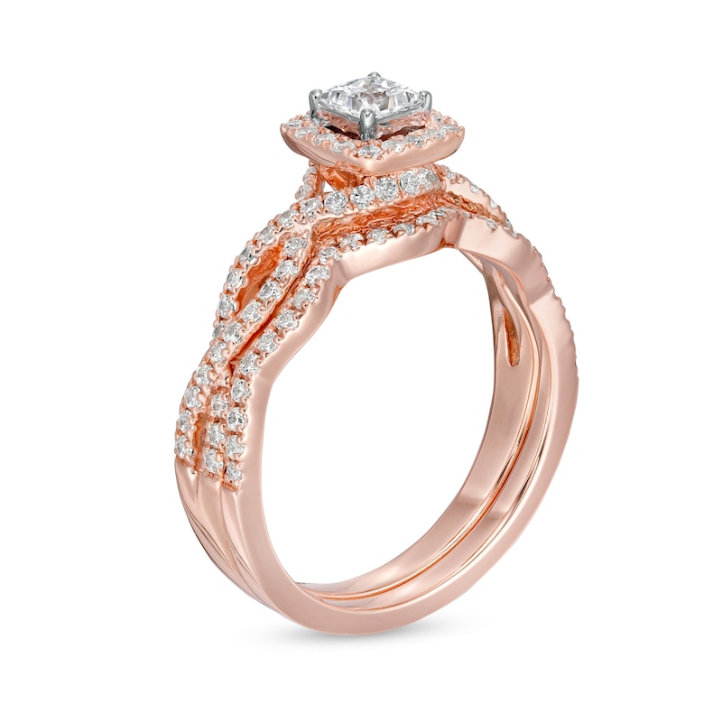 Main Image 3 of 1 CT. T.W. Princess-Cut Diamond Frame Split Shank Bridal Set in 14K Rose Gold (I/I2)
