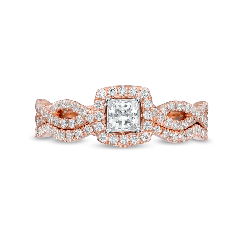 Main Image 4 of 1 CT. T.W. Princess-Cut Diamond Frame Split Shank Bridal Set in 14K Rose Gold (I/I2)