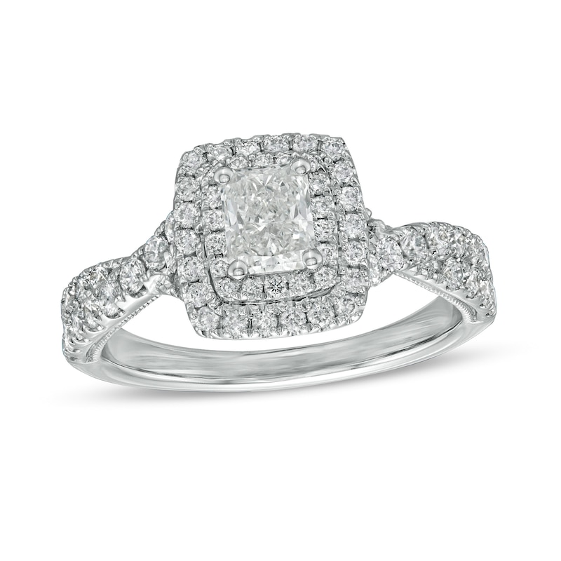 Main Image 1 of 1-1/4 CT. T.W. GIA-Graded Radiant-Cut Diamond Frame Vintage-Style Engagement Ring in 14K White Gold (I/SI2)