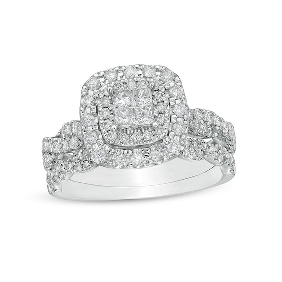 1 CT. T.w. Quad Princess-Cut Diamond Double Cushion-Shaped Frame Twist Shank Bridal Set in 14K White Gold