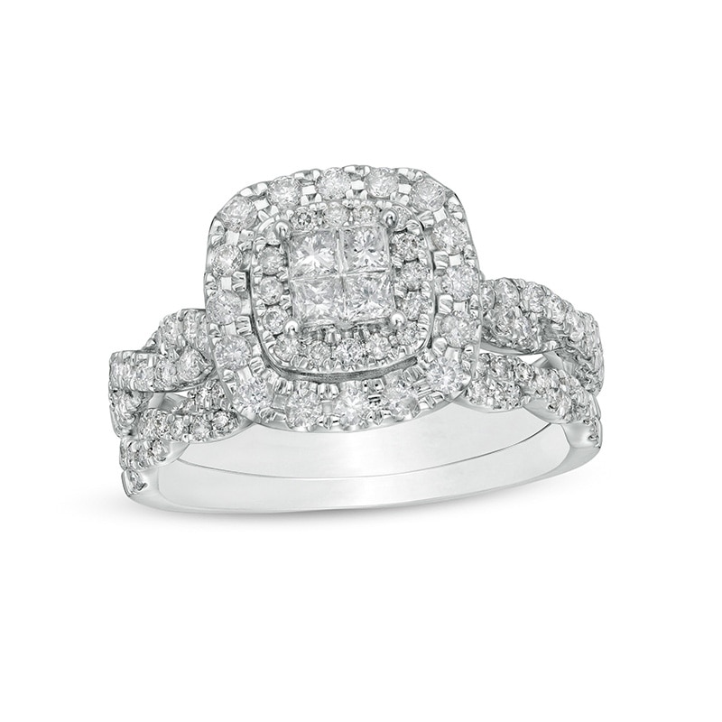 1 CT. T.W. Quad Princess-Cut Diamond Double Cushion-Shaped Frame Twist Shank Bridal Set in 14K White Gold