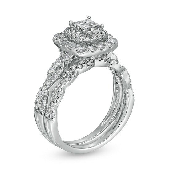 1 CT. T.w. Quad Princess-Cut Diamond Double Cushion-Shaped Frame Twist Shank Bridal Set in 14K White Gold