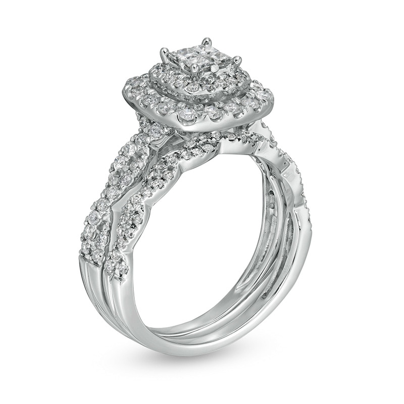 1 CT. T.W. Quad Princess-Cut Diamond Double Cushion-Shaped Frame Twist Shank Bridal Set in 14K White Gold