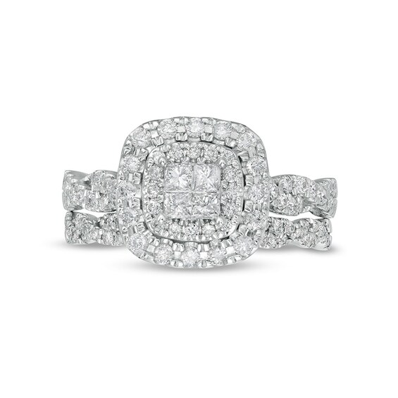 1 CT. T.w. Quad Princess-Cut Diamond Double Cushion-Shaped Frame Twist Shank Bridal Set in 14K White Gold