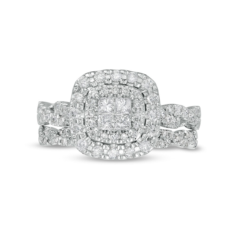 1 CT. T.W. Quad Princess-Cut Diamond Double Cushion-Shaped Frame Twist Shank Bridal Set in 14K White Gold