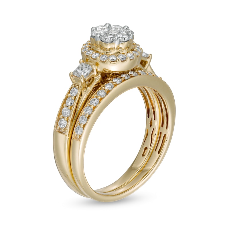 1 CT. T.W. Multi-Diamond Frame Vintage-Style Bridal Set in 10K Gold