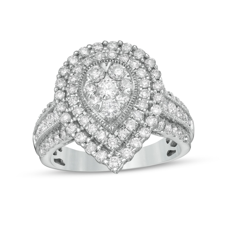 Main Image 1 of 1-1/2 CT. T.W. Composite Pear-Shaped Diamond Double Frame Vintage-Style Engagement Ring in 14K White Gold
