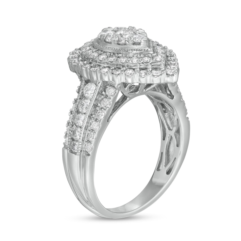 Main Image 3 of 1-1/2 CT. T.W. Composite Pear-Shaped Diamond Double Frame Vintage-Style Engagement Ring in 14K White Gold