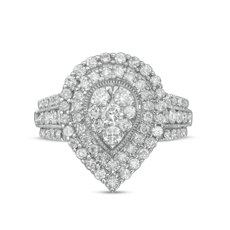 Main Image 4 of 1-1/2 CT. T.W. Composite Pear-Shaped Diamond Double Frame Vintage-Style Engagement Ring in 14K White Gold