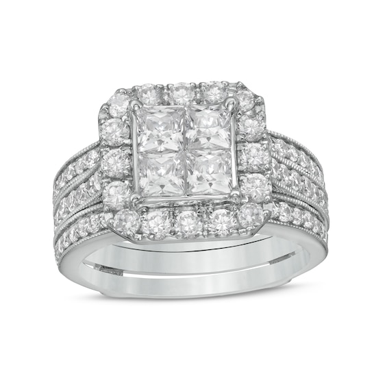 2-1/2 CT. T.w. Princess-Cut Quad Diamond Frame Vintage-Style Bridal Set in 14K White Gold