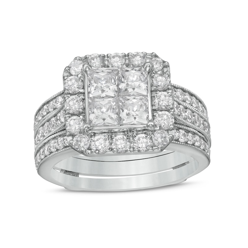 Main Image 1 of 2-1/2 CT. T.W. Princess-Cut Quad Diamond Frame Vintage-Style Bridal Set in 14K White Gold