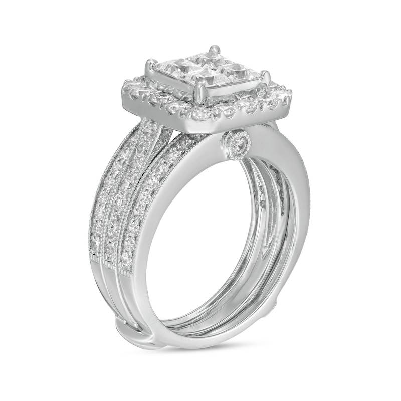 Main Image 3 of 2-1/2 CT. T.W. Princess-Cut Quad Diamond Frame Vintage-Style Bridal Set in 14K White Gold