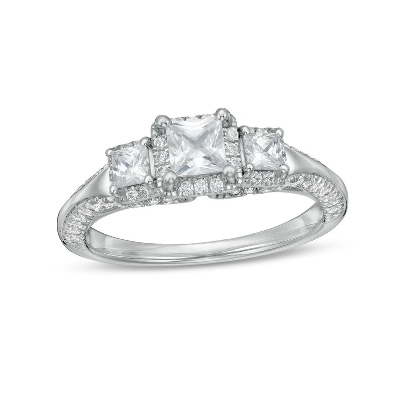 Main Image 1 of 1-1/8 CT. T.W. Princess-Cut Diamond Past Present Future® Frame Engagement Ring in 14K White Gold