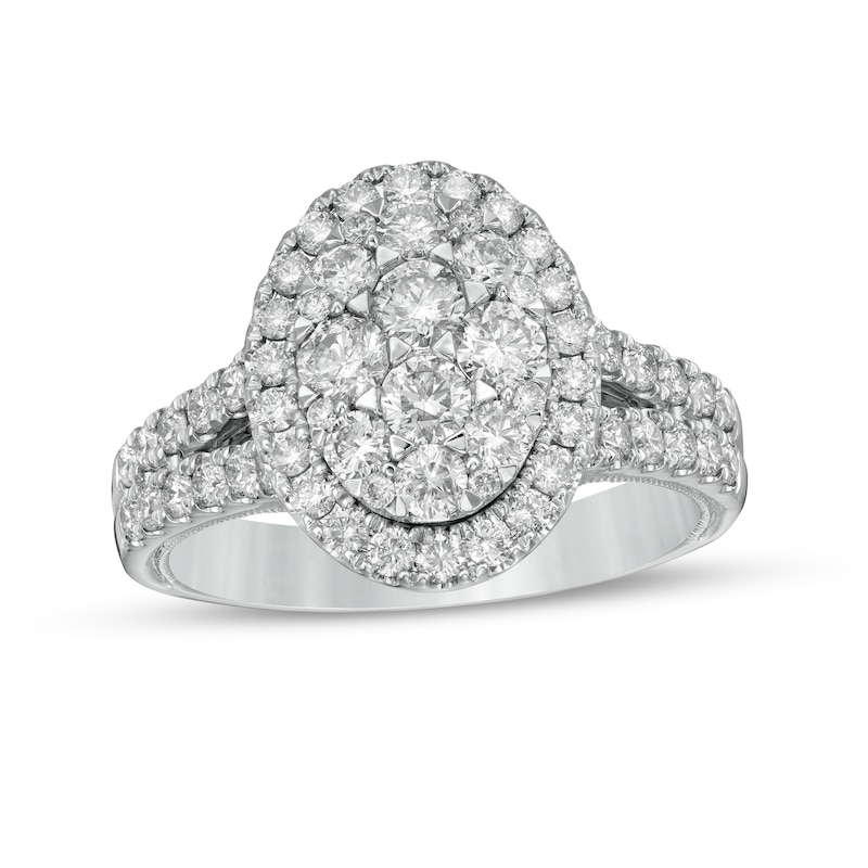 Main Image 1 of 1-1/2 CT. T.W. Composite Oval Diamond Frame Vintage-Style Engagement Ring in 14K White Gold