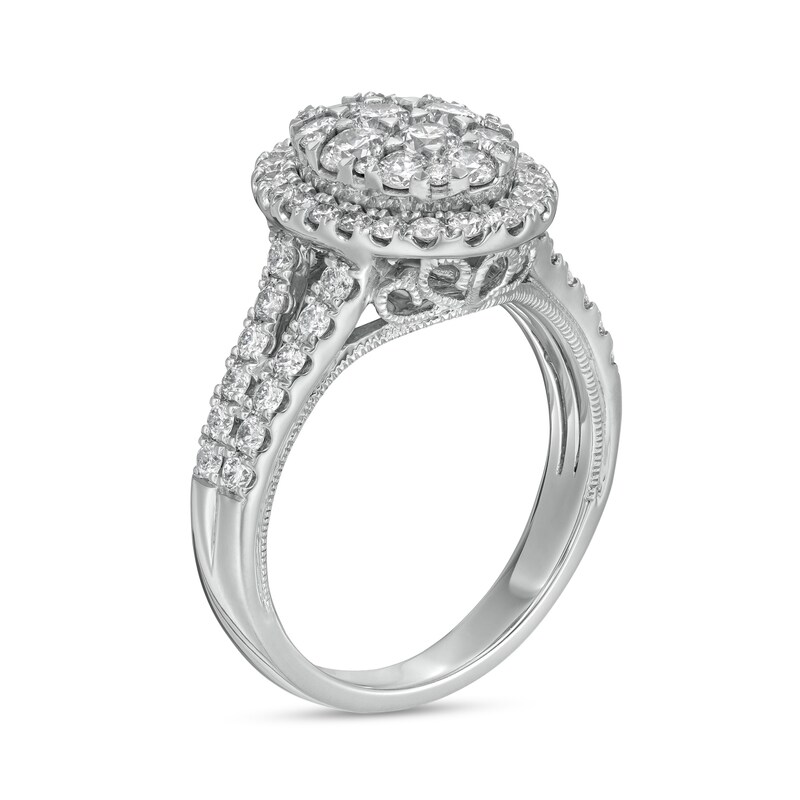 Main Image 3 of 1-1/2 CT. T.W. Composite Oval Diamond Frame Vintage-Style Engagement Ring in 14K White Gold