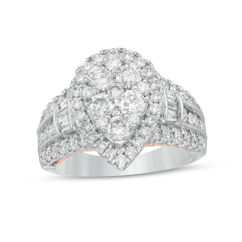 Main Image 1 of 2-1/2 CT. T.W. Composite Pear-Shaped Diamond Frame Vintage-Style Engagement Ring in 14K Two-Tone Gold