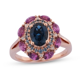 Captivating Color London Blue Topaz, Purple Garnet and Diamond Accent Double Frame Split Shank Ring in 14K Rose Gold