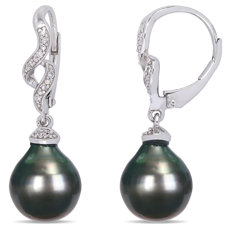 Main Image 1 of Baroque Black Tahitian Cultured Pearl and 1/20 CT. T.W. Diamond Cascading Flame Drop Earrings in Sterling Silver