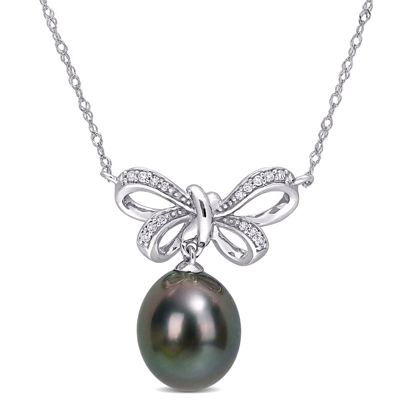 9.5-10.0mm Baroque Black Cultured Tahitian Pearl and 1/20 CT. T.W. Diamond Bow Necklace in 10K White Gold - 17"