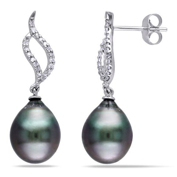 9.0-9.5mm Baroque Black Cultured Tahitian Pearl and 1/10 CT. T.W. Diamond Open Flame Drop Earrings in 10K White Gold 9.0-9.5mm Baroque Black Cultured Tahitian Pearl and 1/10 CT. T.W. Diamond Open Flame Drop Earrings in 10K White Gold