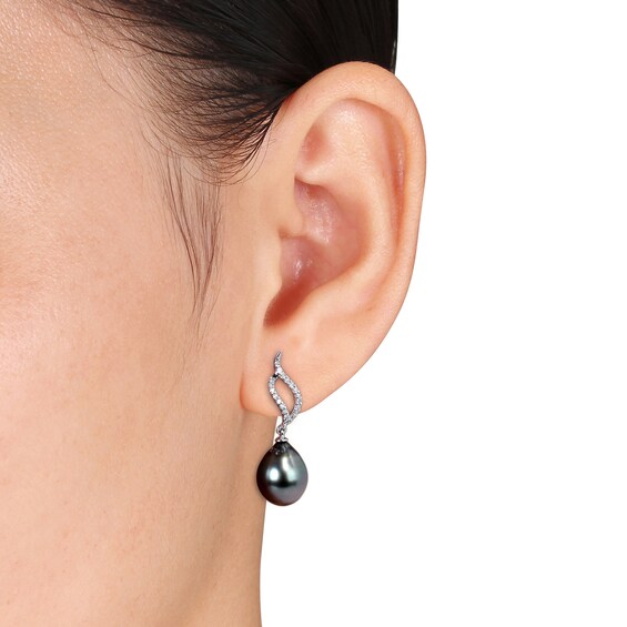 9.0-9.5mm Baroque Black Cultured Tahitian Pearl and 1/10 CT. T.W. Diamond Open Flame Drop Earrings in 10K White Gold 9.0-9.5mm Baroque Black Cultured Tahitian Pearl and 1/10 CT. T.W. Diamond Open Flame Drop Earrings in 10K White Gold