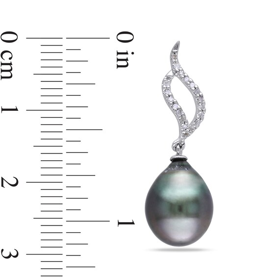 9.0-9.5mm Baroque Black Cultured Tahitian Pearl and 1/10 CT. T.W. Diamond Open Flame Drop Earrings in 10K White Gold 9.0-9.5mm Baroque Black Cultured Tahitian Pearl and 1/10 CT. T.W. Diamond Open Flame Drop Earrings in 10K White Gold