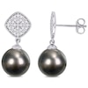 Black Cultured Tahitian Pearl and 1/10 CT. T.W. Cushion-Shaped Multi-Diamond Beaded Drop Earrings in 10K White Gold