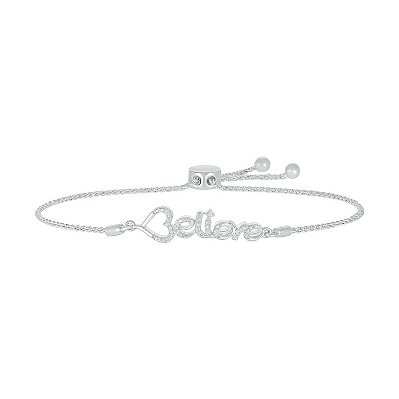 Diamond Accent Heart "Believe" Bolo Bracelet in Sterling Silver – 9.5"