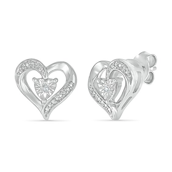 Diamond Accent Bypass Heart Stud Earrings in Sterling Silver