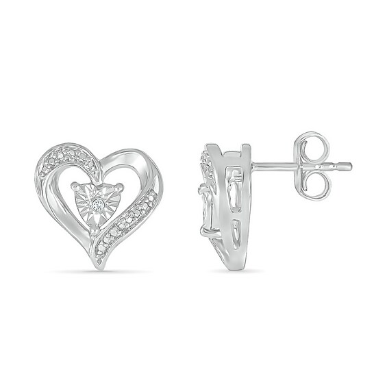 Diamond Accent Bypass Heart Stud Earrings in Sterling Silver