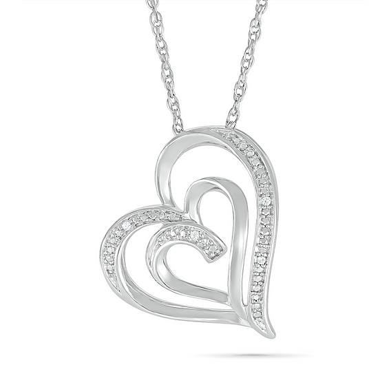 Diamond Accent Double Tilted Heart Pendant in Sterling Silver