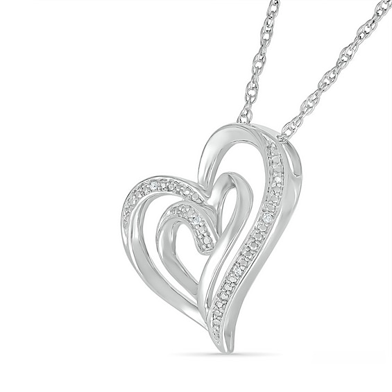 Diamond Accent Double Tilted Heart Pendant in Sterling Silver