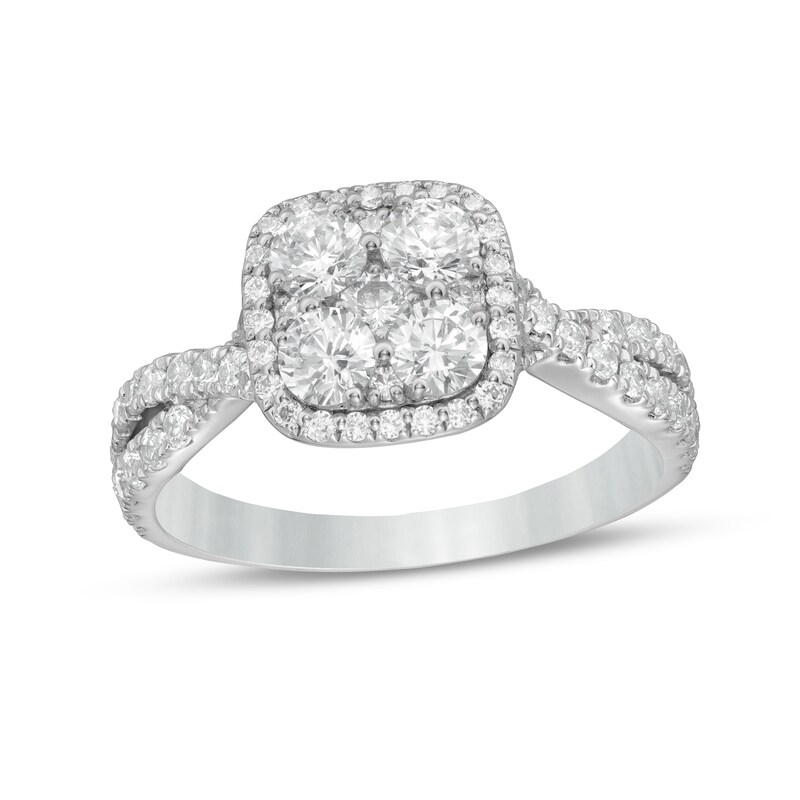 Main Image 1 of 1-1/4 CT. T.W. Composite Cushion-Shaped Diamond Frame Twist Shank Engagement Ring in 14K White Gold