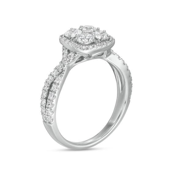 1-1/4 CT. T.w. Composite Cushion-Shaped Diamond Frame Twist Shank Engagement Ring in 14K White Gold
