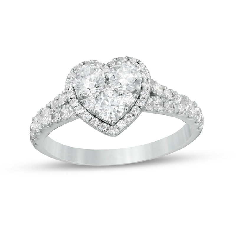 Main Image 1 of 1-1/4 CT. T.W. Composite Heart-Shaped Diamond Frame Split Shank Engagement Ring in 14K White Gold