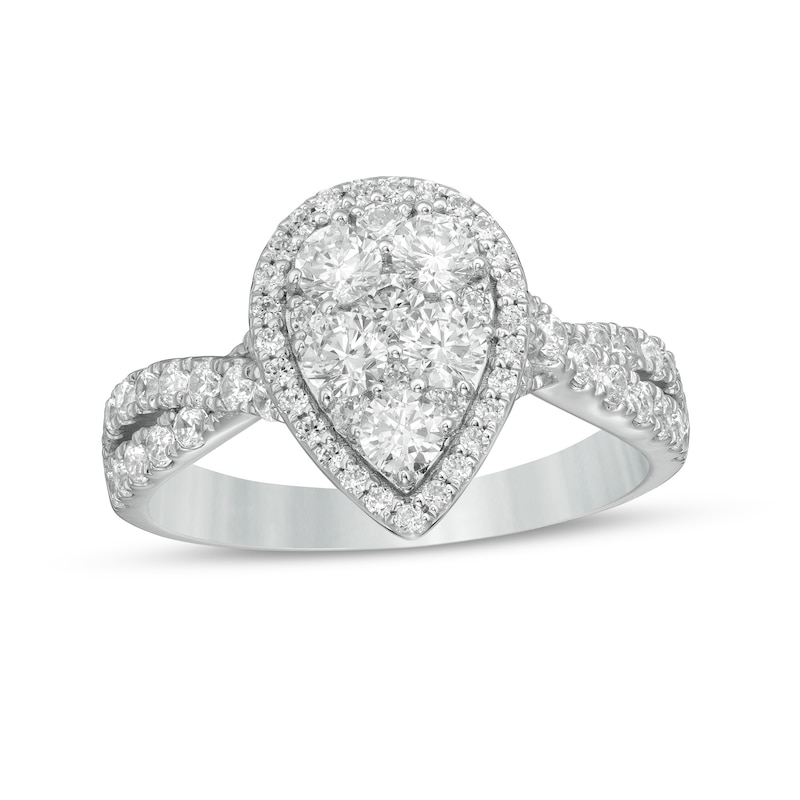 Main Image 1 of 1-1/4 CT. T.W. Composite Pear-Shaped Diamond Frame Twist Shank Engagement Ring in 14K White Gold