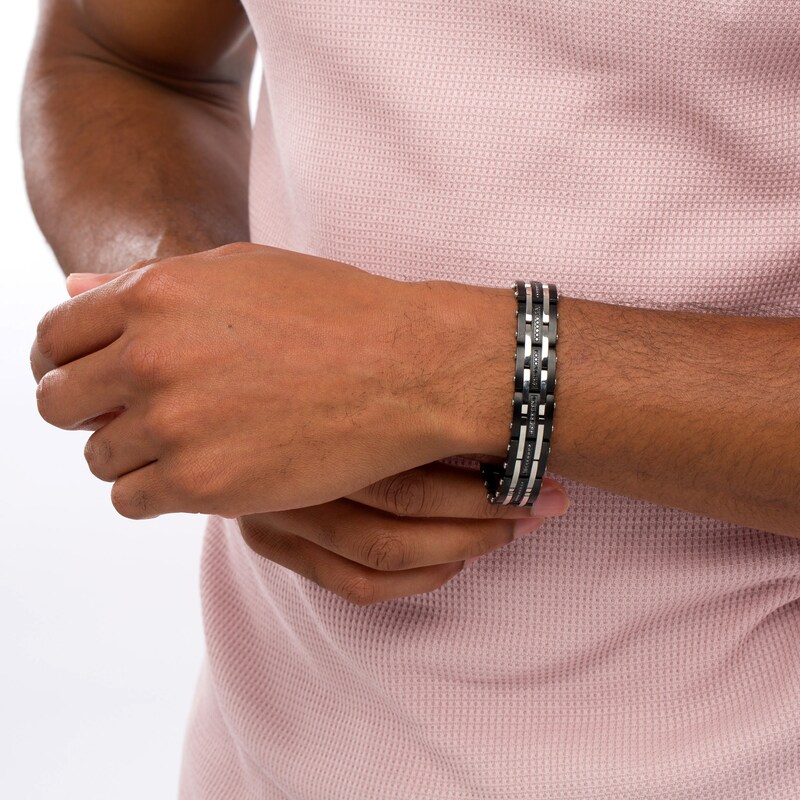 Main Image 2 of 1 CT. T.W. Black Enhanced Diamond Alternating Multi-Row Link Bracelet in Stainless Steel and Black IP - 8.5"