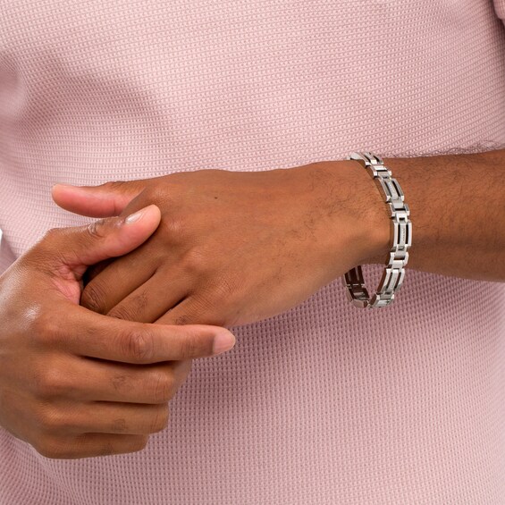 1/6 CT. T.w. Diamond Multi-Finish Triple Row Industrial Link Bracelet in Stainless Steel - 8.5"