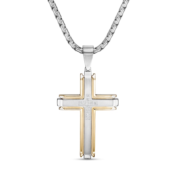 Men's 1/10 CT. T.w. Diamond Multi-Finish Layered Industrial Cross Pendant in Stainless Steel and Yellow IP - 24"