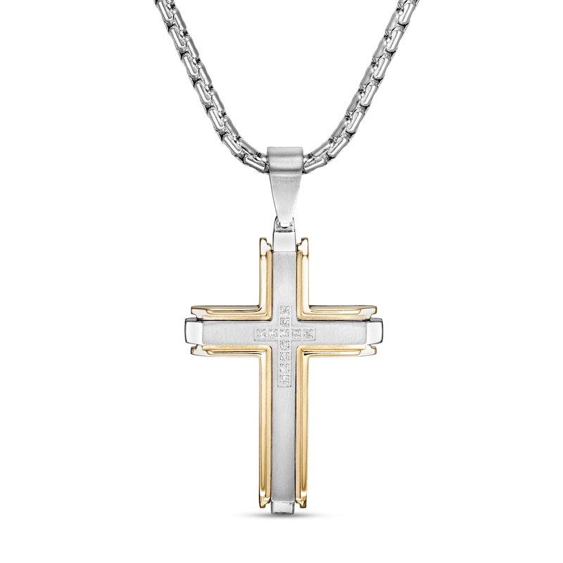 Men's 1/10 CT. T.W. Diamond Multi-Finish Layered Industrial Cross Pendant in Stainless Steel and Yellow IP - 24"